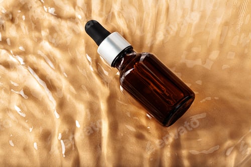 Preview: Oil cosmetic bottle on water waves background