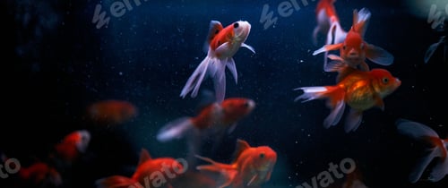 Vorschau: Aquarium mit wunderschönen Fantail-Goldfischen, die im dunklen Wasser herumschwimmen
