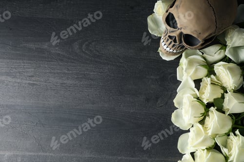 Preview: Skull and white roses on gray wooden background, space for text
