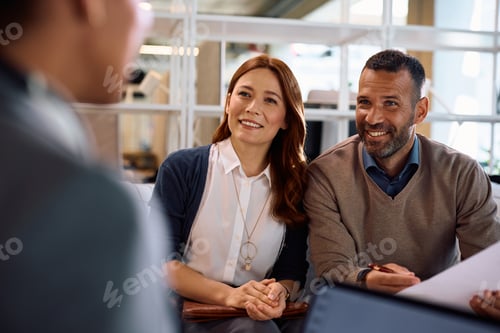 Preview: Happy couple having a meeting with their bank manager in the office.