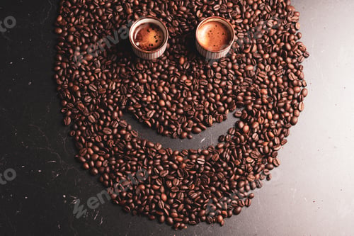 Preview: Laughing face made from coffee beans, eyes made from coffee and hair made from ground coffee