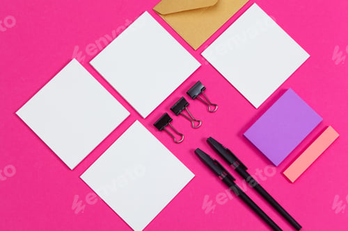 Preview: mock up concept. cards Papers on pink background. Top view, flat lay, copy space