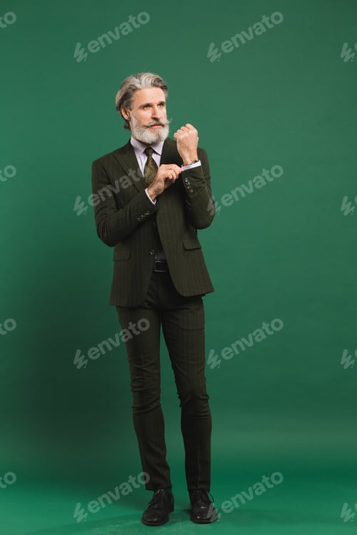 Preview: Stylish bearded middle-aged man in khaki suit on green background