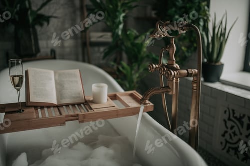 Preview: Luxury interior of eco style modern bathroom with oval bathtub and book on bamboo wood tray