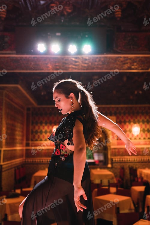 Preview: Woman in dress dancing flamenco on scene