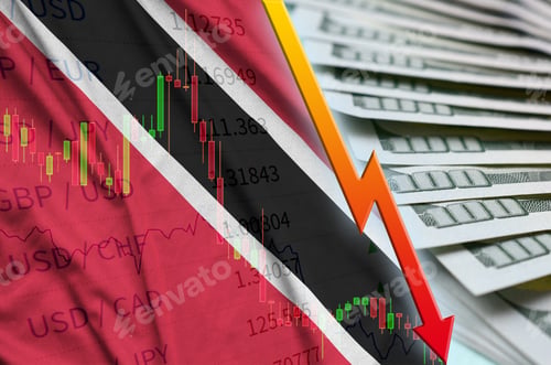 Preview: Trinidad and Tobago flag and chart falling US dollar position with a fan of dollar bills