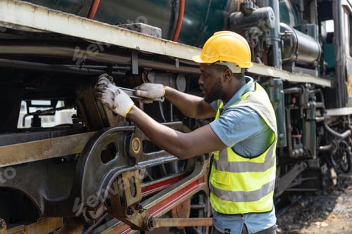 Preview: Portrait of Engineer train Inspect the train's diesel engine, railway track in depot of train