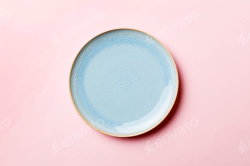 Preview: Top view of isolated of colored background empty round blue plate for food. Empty dish