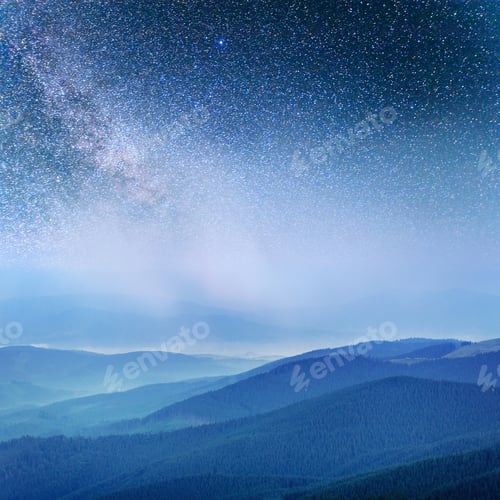 Preview: Dairy Star Trek in the woods. Dramatic and picturesque scene. Fantastic starry sky and the milky way