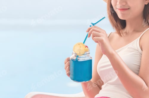 Preview: Happy Relax beautiful asian woman smiling face enjoy eat sweets cake drinking lemonade juice