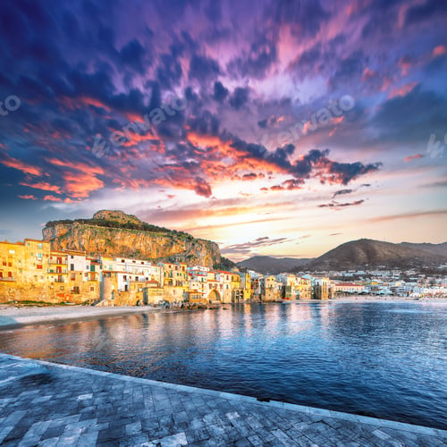 Preview: Fantastic evening cityscape of Cefalu city. Popular travel destination of Mediterranean sea.