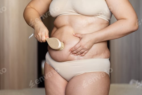 Preview: fat unrecognizable woman in nude underwear massages stomach with wooden brush