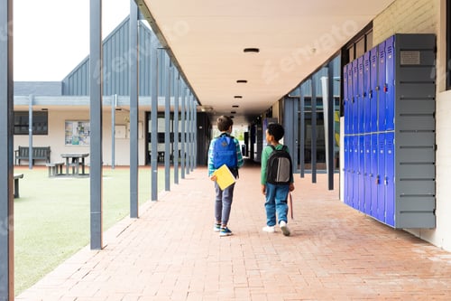 Preview: Biracial boy and African American boy walk down a school corridor