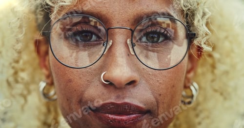 Preview: Face, woman and glasses with eye care for optometry of lens prescription, vision healthcare and tre
