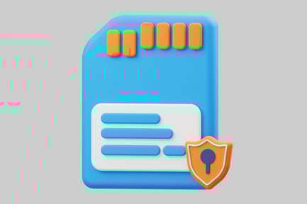 Aperçu: Objet bleu avec un rectangle blanc et des formes oranges.