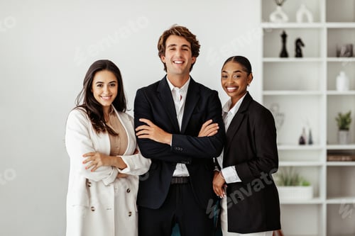 Preview: Business company managers. Three happy multiracial business professionals posing in office
