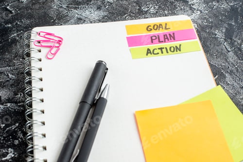 front view goal plan action notes with pens on gray background college school job idea notepad color