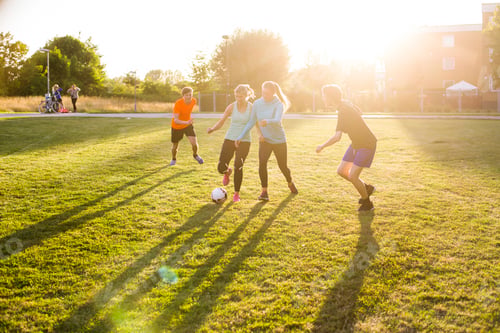 Preview: Male and female friends playing soccer at park during sunset