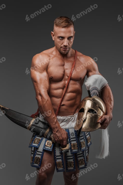 Preview: A muscular and attractive male model dressed in ancient drapes