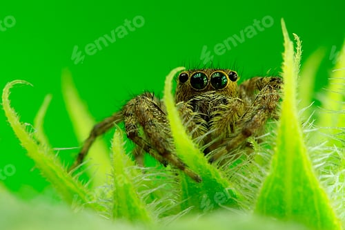 Preview: Jumping Spider Crouched in Lush Green Foliage