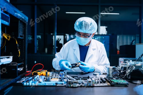 Preview: Professional electronics technician repairing computer motherboard in modern lab.