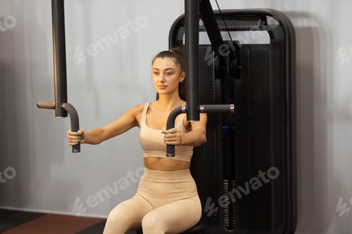 Preview: Sportive woman in the gym on the butterfly simulator