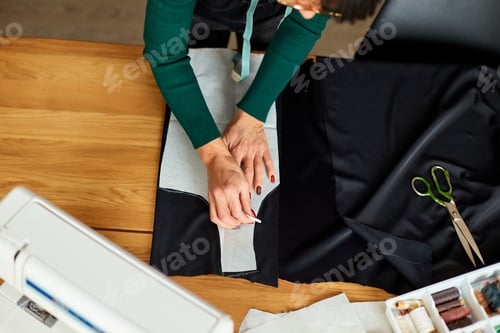 Preview: Top view Step by step, Woman dressmaker making sewing patterns