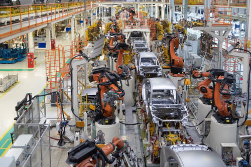 Preview: body of car on conveyor top view. Modern Assembly of cars at the plant. The automated build process