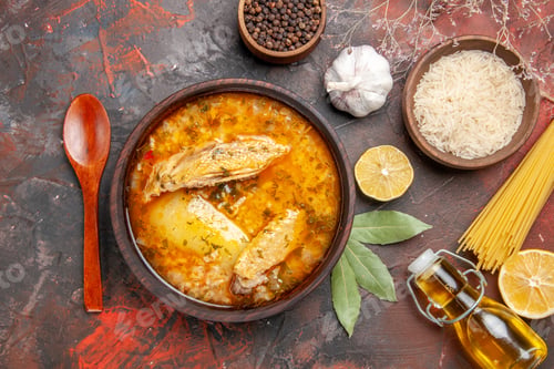 Preview: top view chicken soup wood spoon a bowl of black pepper bay leaves slice of lemon sphagetti oil