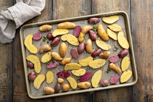 Preview: Yellow and purple fingerling potatoes on a baking sheet