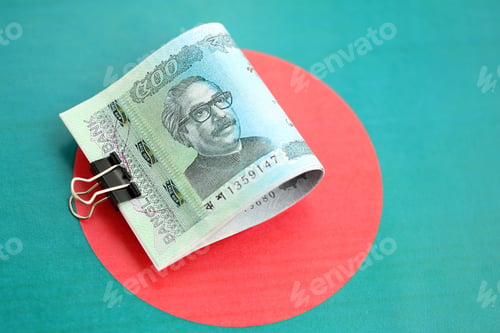 Preview: Bangladeshi taka money bills in big amount lies on Bangladesh flag close up
