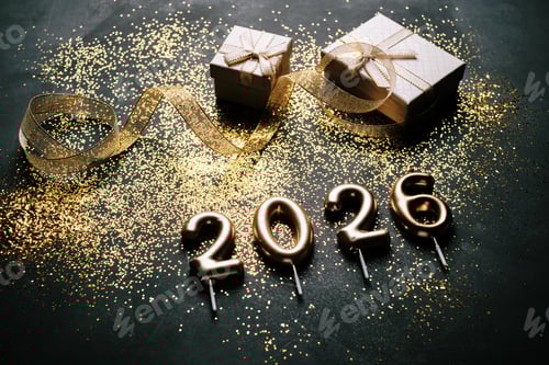 Visualização: Configuração de celebração com decorações douradas e presentes para o Ano Novo de 2026