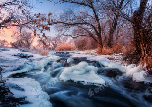 Preview: Winter landscape with snowy trees, ice, beautiful frozen river