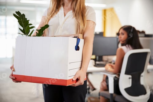 Preview: Fired female employee holding box of belongings in an office