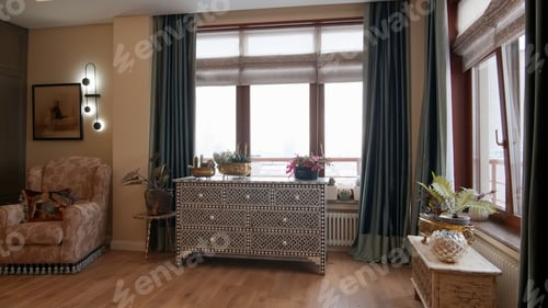 Preview: Cozy interior of a new apartment in beige and brown colors. Creative. Armchair and drawer by the