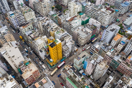 Preview: Sham Shui Po, Hong Kong 07 May 2019: Drone fly over Hong Kong urban city