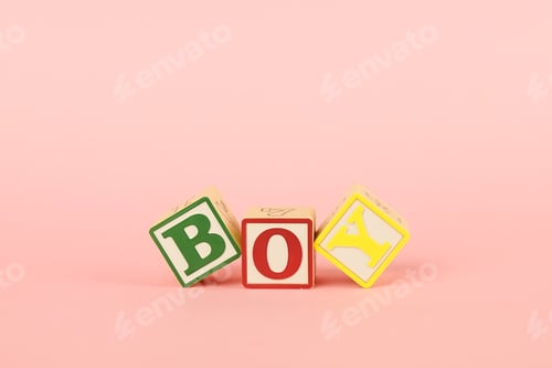 Preview: Colored cubes with letters Boy on a pink background