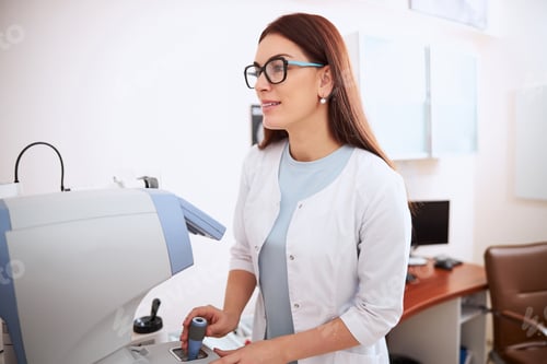Preview: Medical professional using joystick of an autorefractor