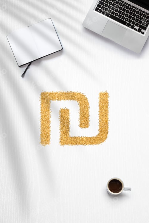 Preview: Flat lay about earning money from home with a Shekel sign