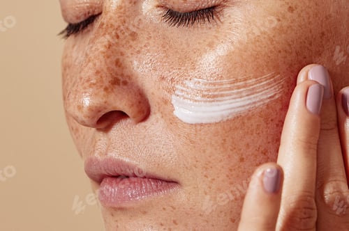 Preview: Close-up of female face with freckled skin. High-detailed shot of woman skin applying moisturizer.