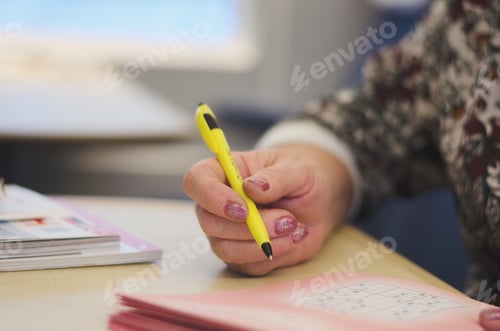 Preview: Travel by train window traveling sudoku woman pen hand