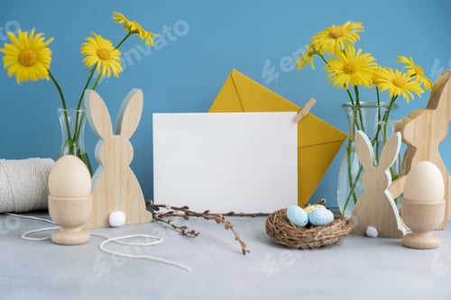 Preview: Empty white envelope mock up postcard copy space on festive blue background and eco-friendly zero