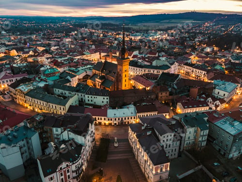 Preview: Tarnow in Poland Townscape. City Lights at Dusk. Aerial Drone Panoramic View