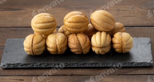 Preview: Baked dessert nuts with condensed milk on black slate board