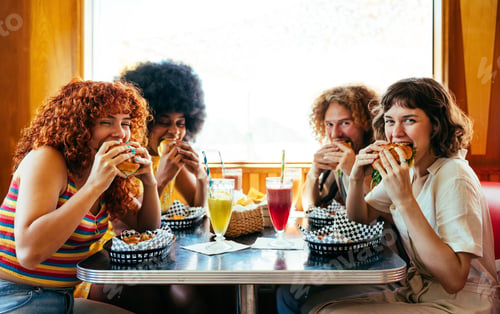 Preview: Multiethnic group of friends having meal at diner restaurant