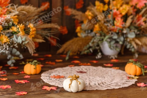 Preview: Beautiful autumn photozone with colored leaves and dry flowers