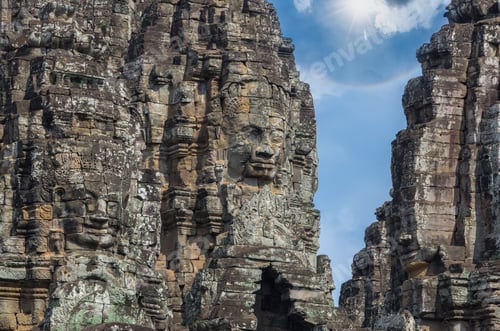 Preview: Stone face of Ancient Bayon Temple at Angkor Thom. Siem Reap, Cambodia
