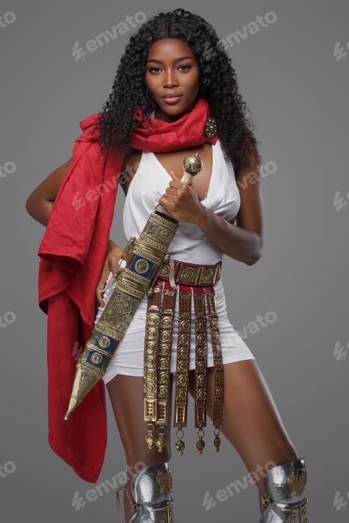 Preview: Dark-skinnedn model in Greek-style tunic with red cape and ornate belt