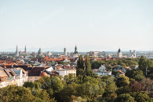 Preview: Skyline view of Munich with multiple sights, Alps in background Bavaria Germany