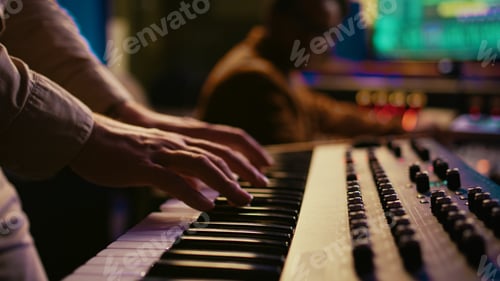 Preview: Musician composer playing midi controller synthesizer in professional studio